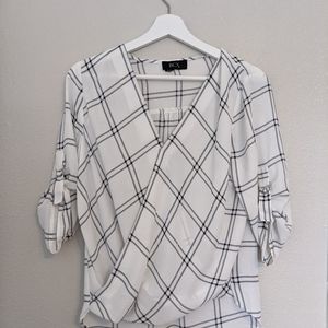 BCX Black & White Window Pane Plaid Blouse
